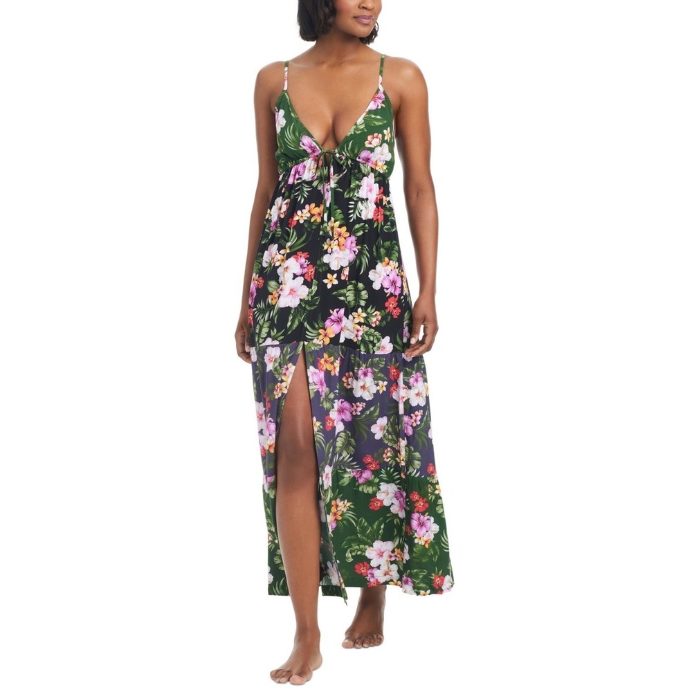 Good Bar III Maxi Dress Womens Multicolor Tropical Floral Tiered Slit M $88